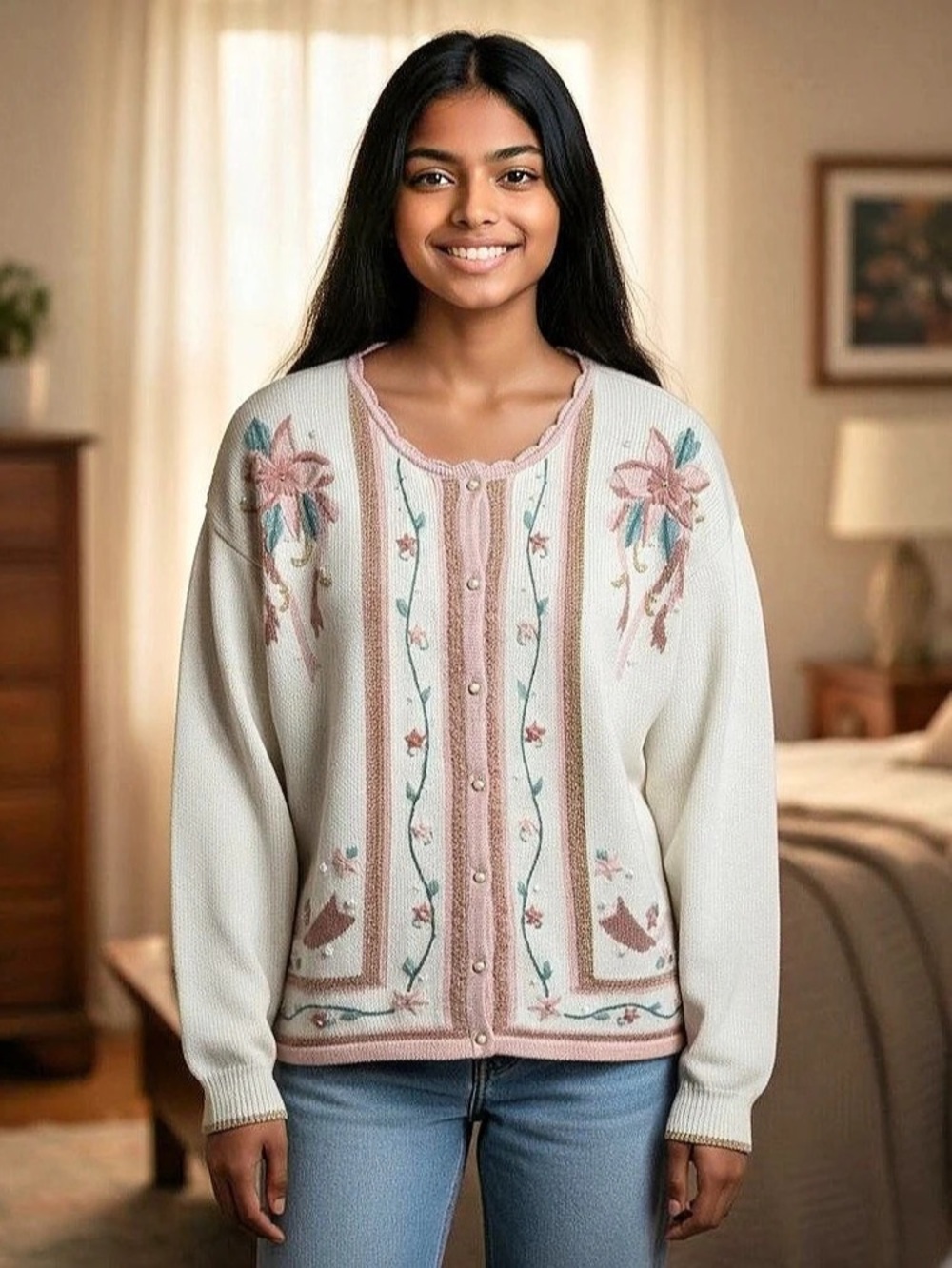 Laura Gayle Granny Floral Embroidered Cardigan in White & Pink Size Medium